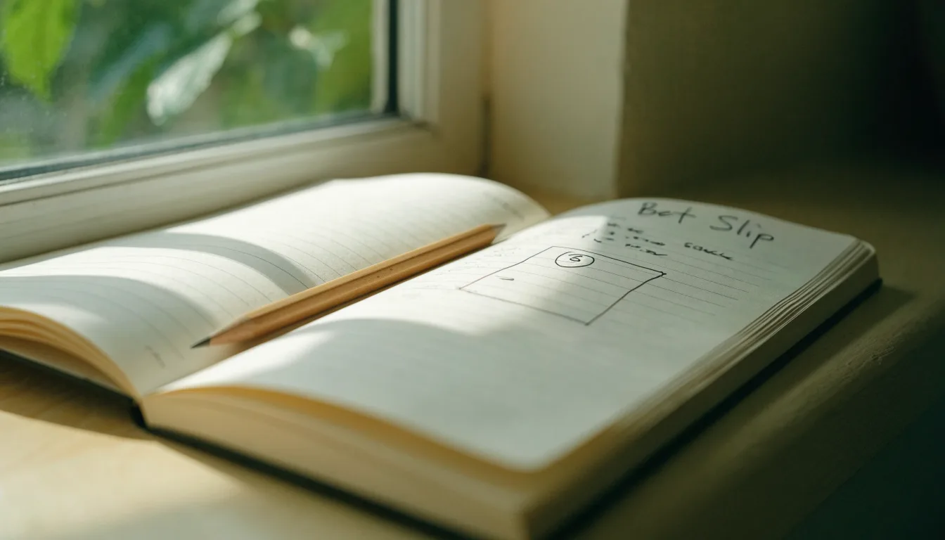 Ein aufgeschlagenes Notizbuch mit handschriftlichen Skizzen und ein Bleistift liegen auf einer Fensterbank im Tageslicht.