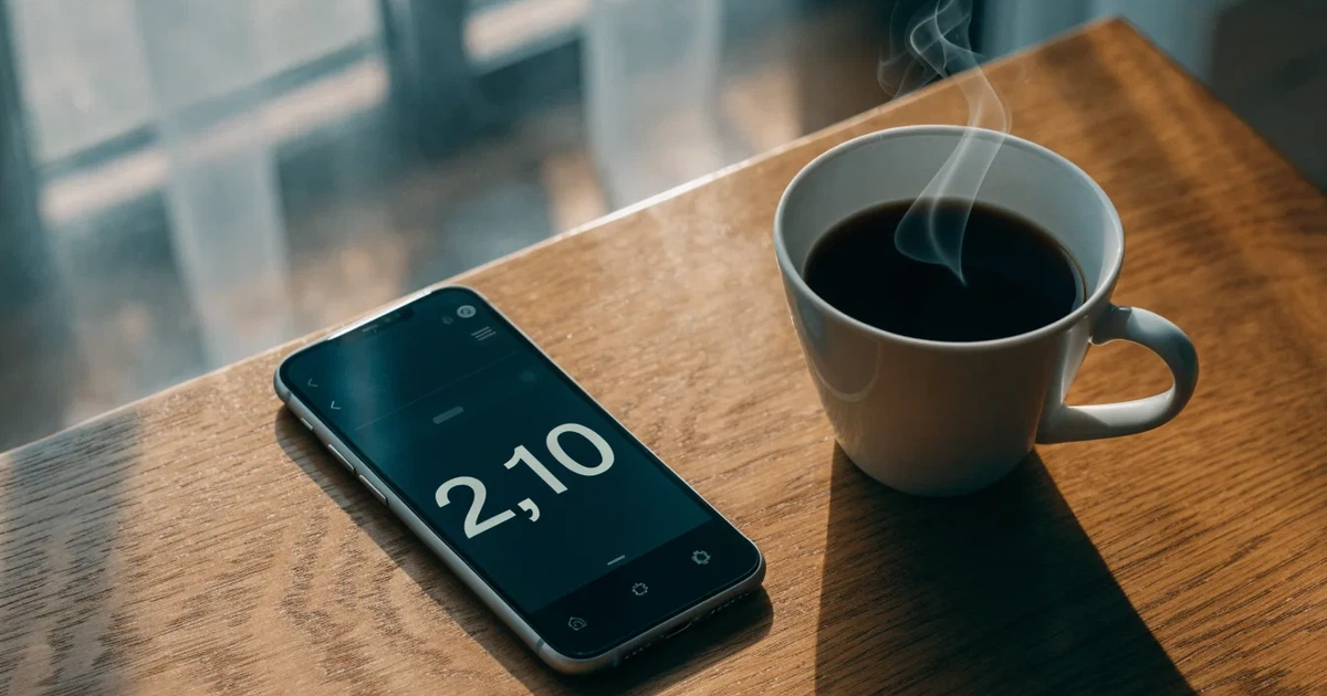 Ein Smartphone mit dunklem Display liegt auf einem Holztisch neben einer Tasse Kaffee, im Hintergrund ein unscharfes Fenster.