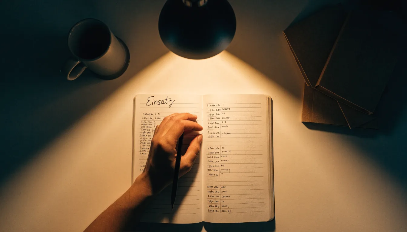 Ein Taschenrechner und ein Notizbuch mit handschriftlichen Zahlenreihen liegen auf einem Schreibtisch unter einer Lampe.