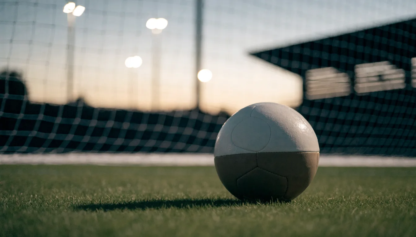 Ein Fußball liegt im Gras eines leeren Platzes, im Hintergrund stehen Flutlichtmasten in der Dämmerung.