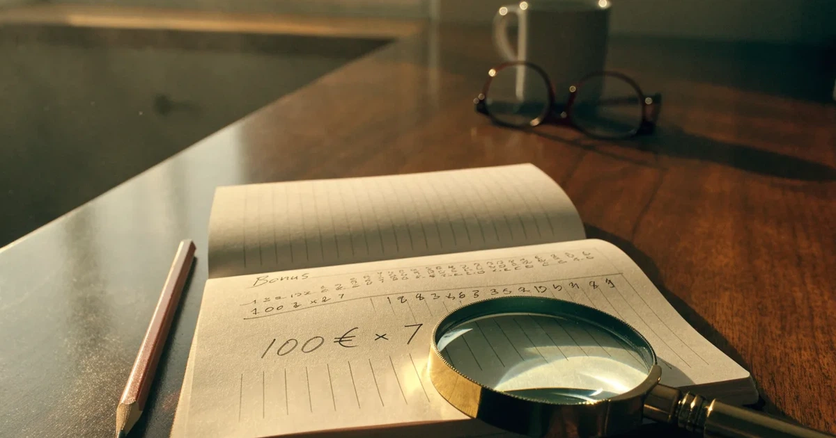 Eine Lupe liegt über einem leeren Blatt Papier neben einem Bleistift und einem Taschenrechner auf einem Schreibtisch.