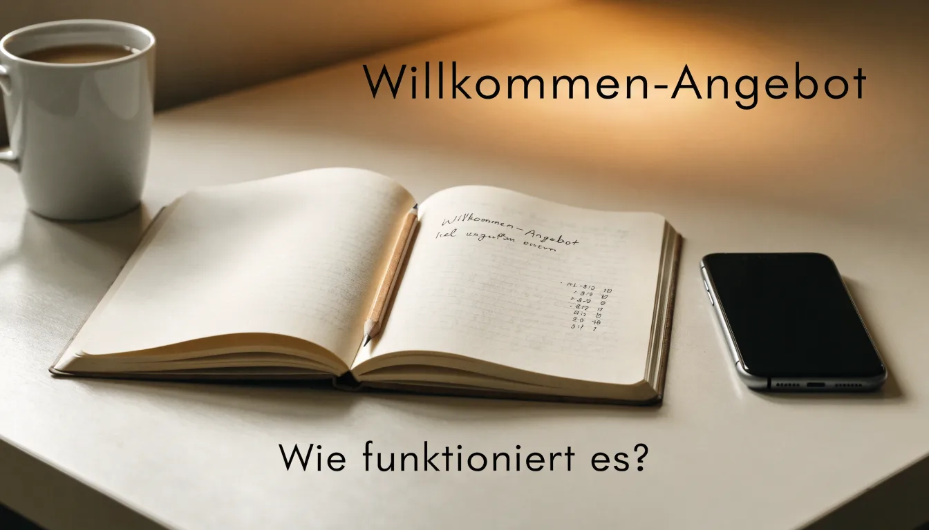 Ein aufgeschlagenes Notizbuch mit handschriftlichen Skizzen und ein Bleistift liegen auf einem Schreibtisch neben einer Tasse Tee.
