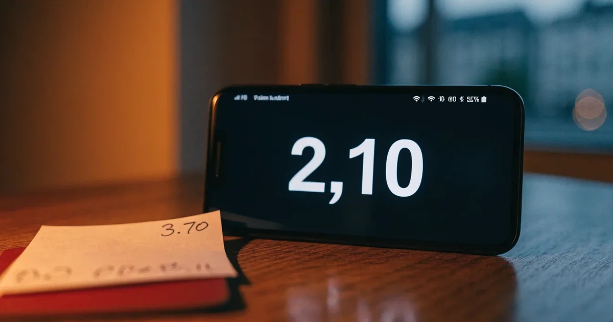 Ein leerer Umschlag und eine Münze liegen auf einer Tischplatte neben einem Smartphone mit dunklem Display.