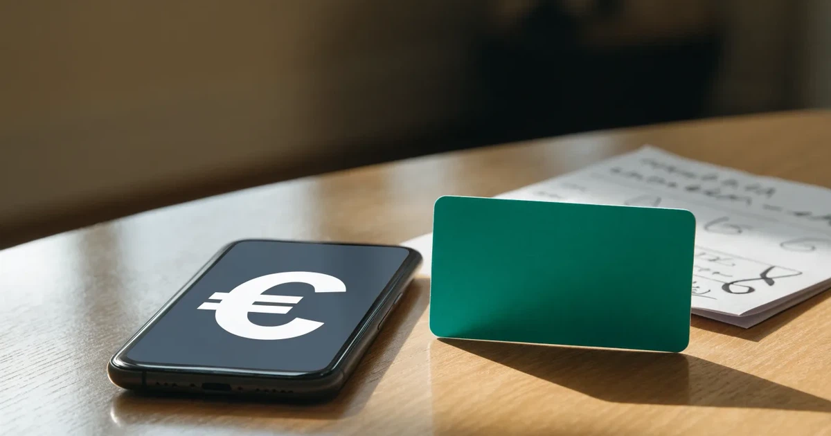 Eine Plastikkarte ohne Aufdruck liegt neben Münzen und einem Smartphone mit dunklem Display auf einem hellen Tisch.
