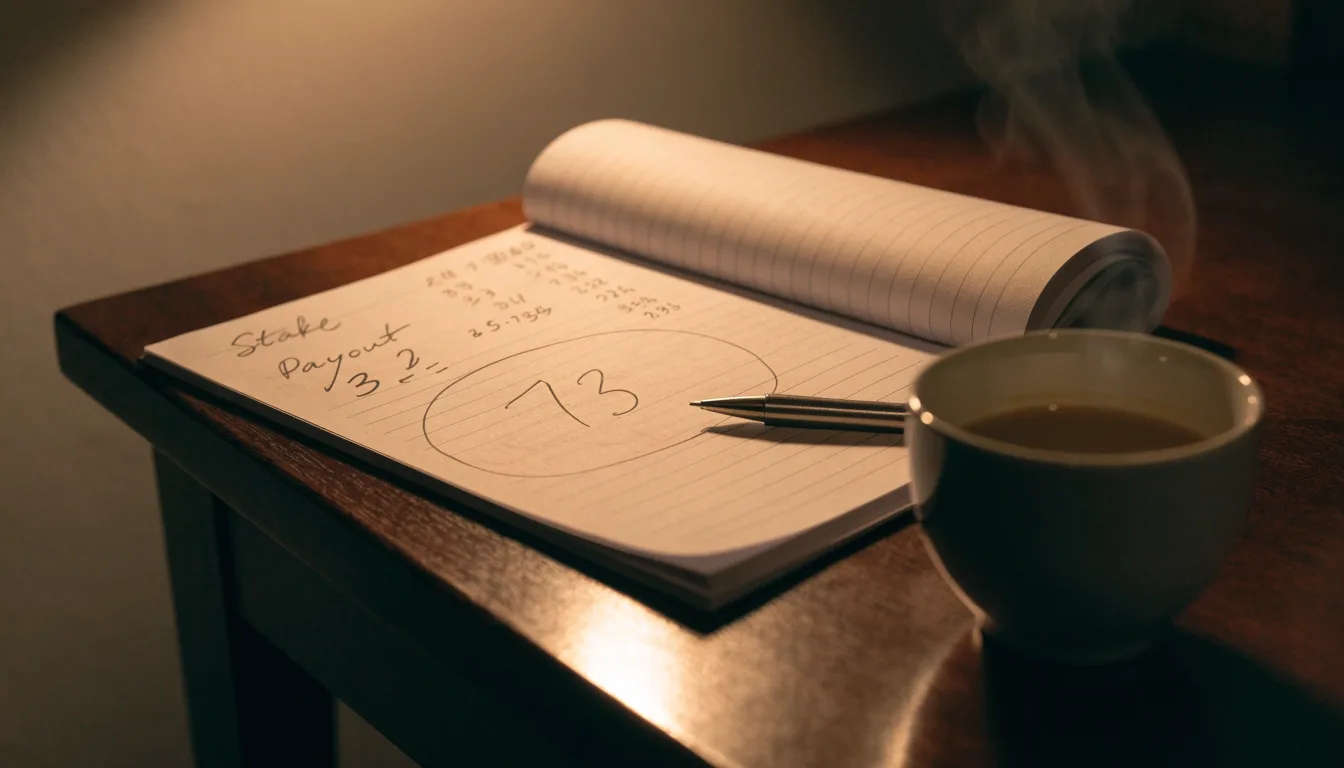 Ein Taschenrechner und ein Bleistift liegen auf einem Schreibtisch neben einer Tasse Kaffee im Licht einer Lampe.