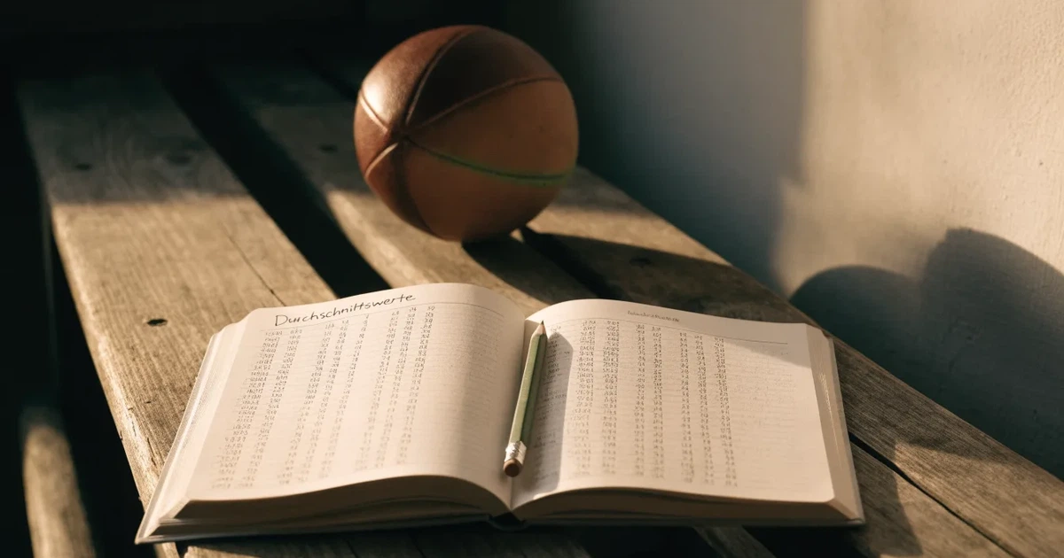 Ein Notizbuch mit handschriftlichen Zahlenkolonnen und ein Bleistift liegen neben einem Fußball auf einer Holzbank.