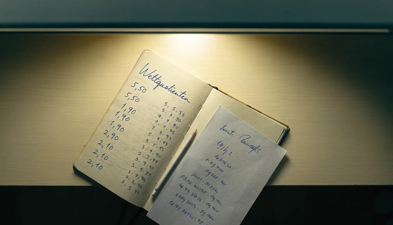 Ein Taschenrechner und ein aufgeschlagenes Notizbuch mit handschriftlichen Zahlenreihen liegen unter einer Schreibtischlampe.