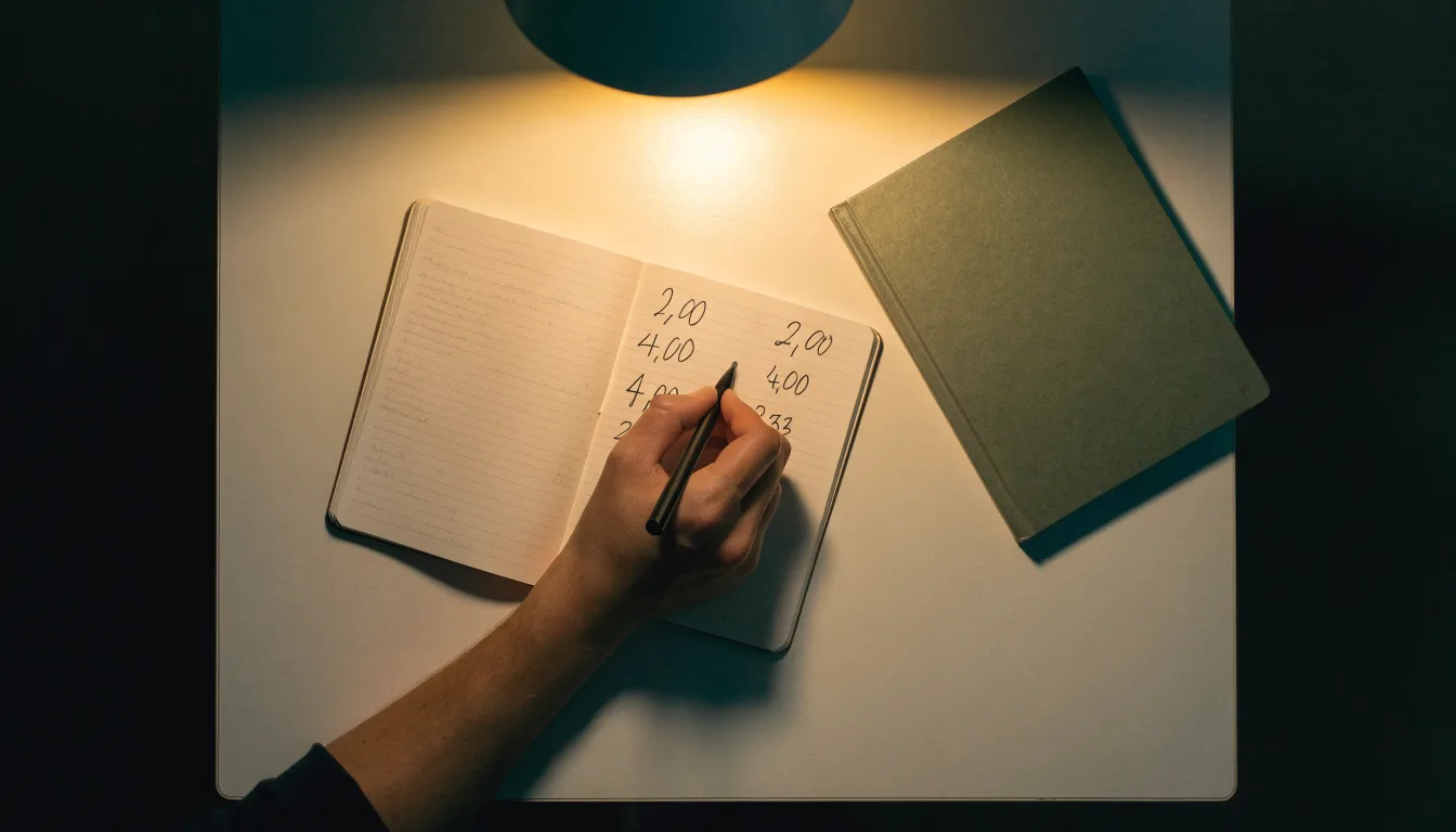 Ein Taschenrechner und ein aufgeschlagenes Notizbuch mit handschriftlichen Zahlenreihen liegen unter einer Schreibtischlampe.