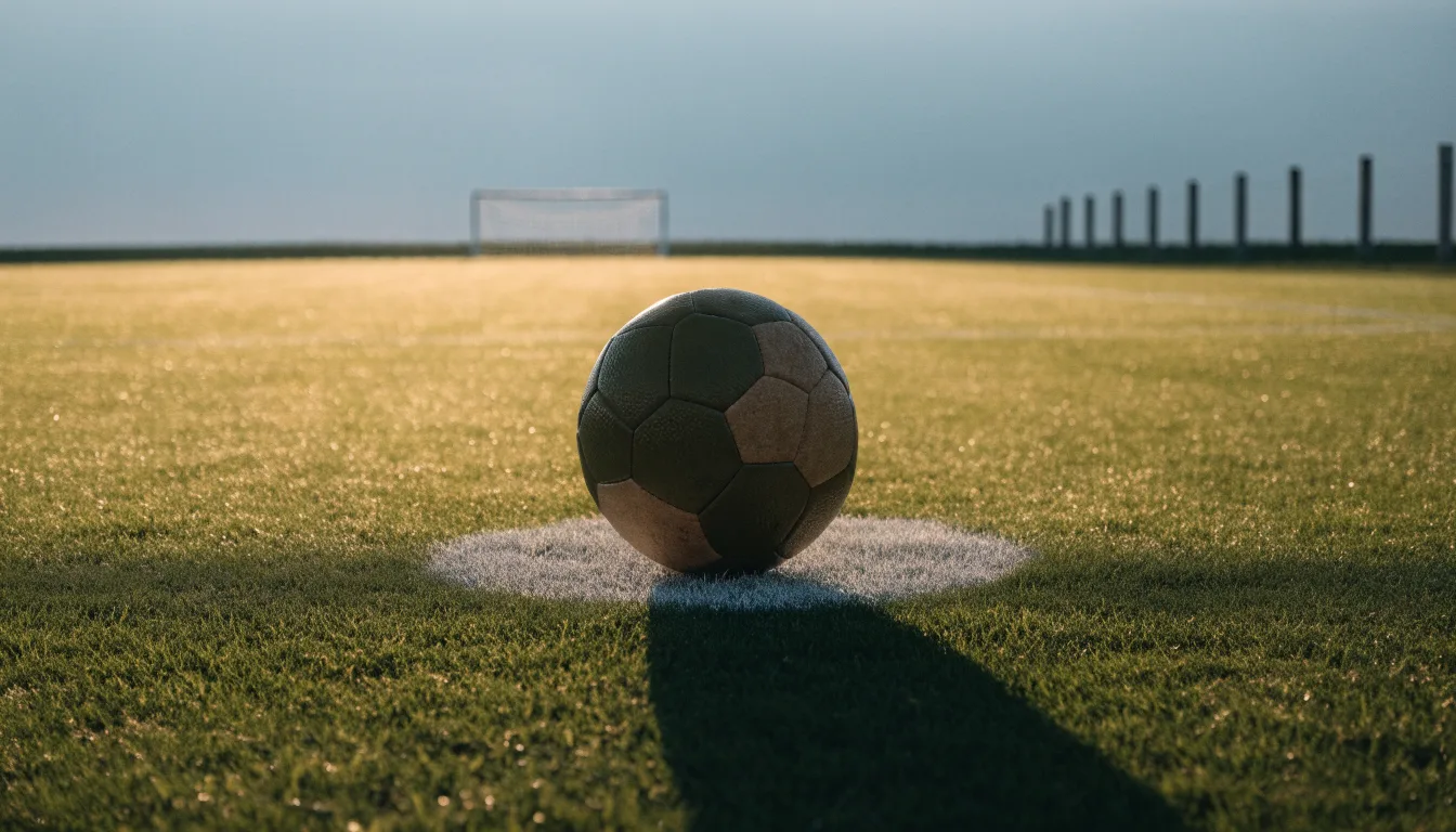 Ein Fußball liegt allein auf dem Anstoßpunkt eines leeren Rasenplatzes im Morgenlicht, am Rand ein niedriger Zaun.