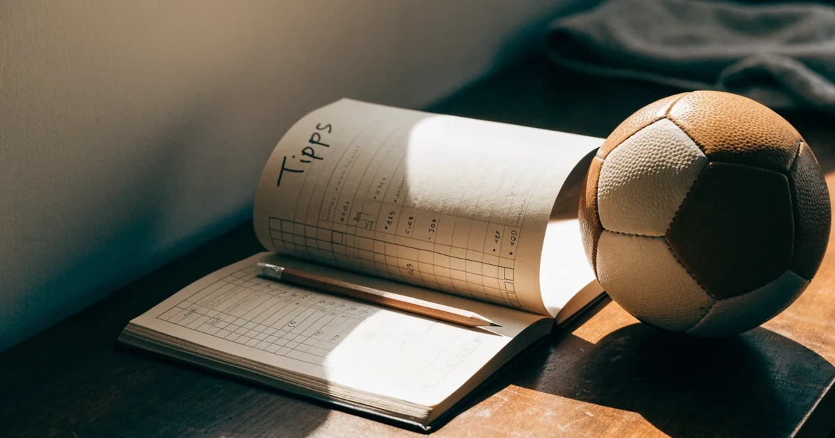 Ein Notizbuch mit handschriftlichen Zahlenkolonnen und ein Bleistift liegen neben einem Fußball auf einer Holzbank.