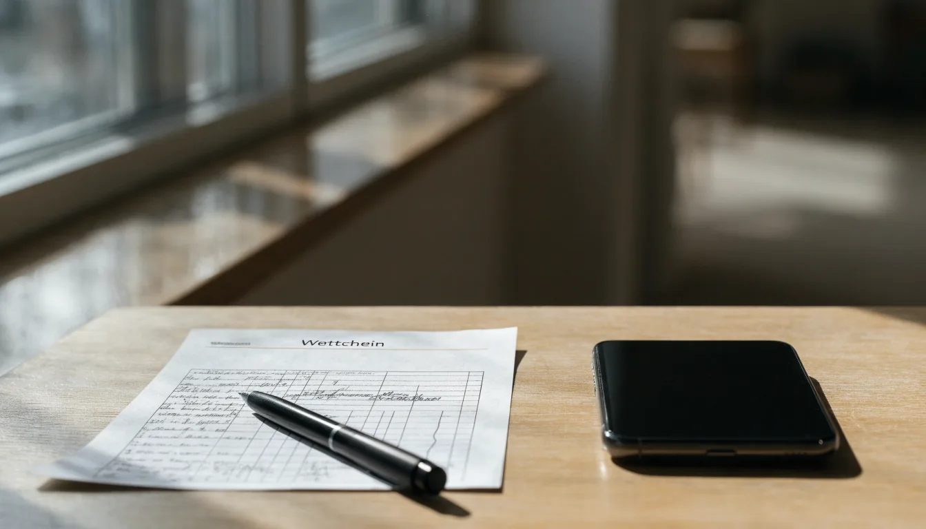 Ein leerer Papier-Wettschein und ein Kugelschreiber liegen neben einem Smartphone mit dunklem Display auf einem Tisch am Fenster.