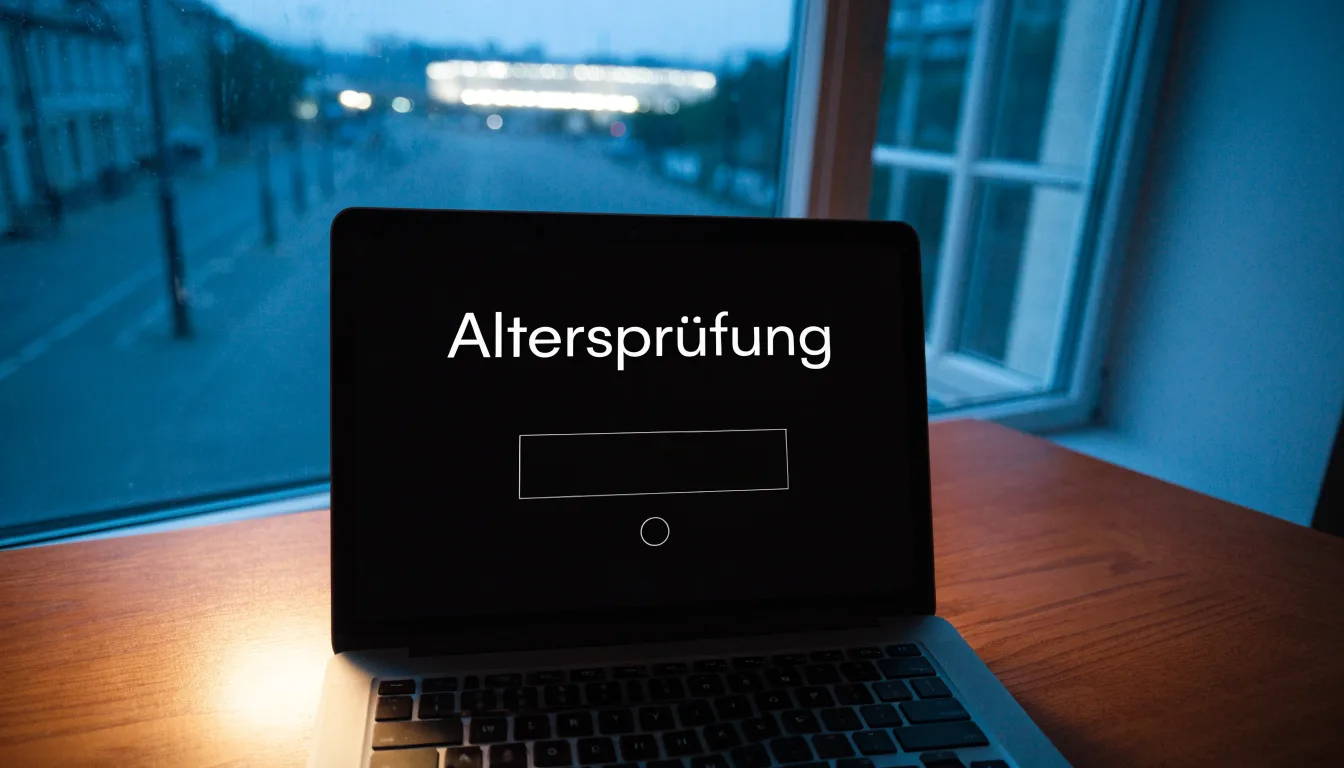 Ein Stadion unter Flutlicht aus der Ferne gesehen, davor eine leere Straße in der Abenddämmerung mit leichtem Dunst.
