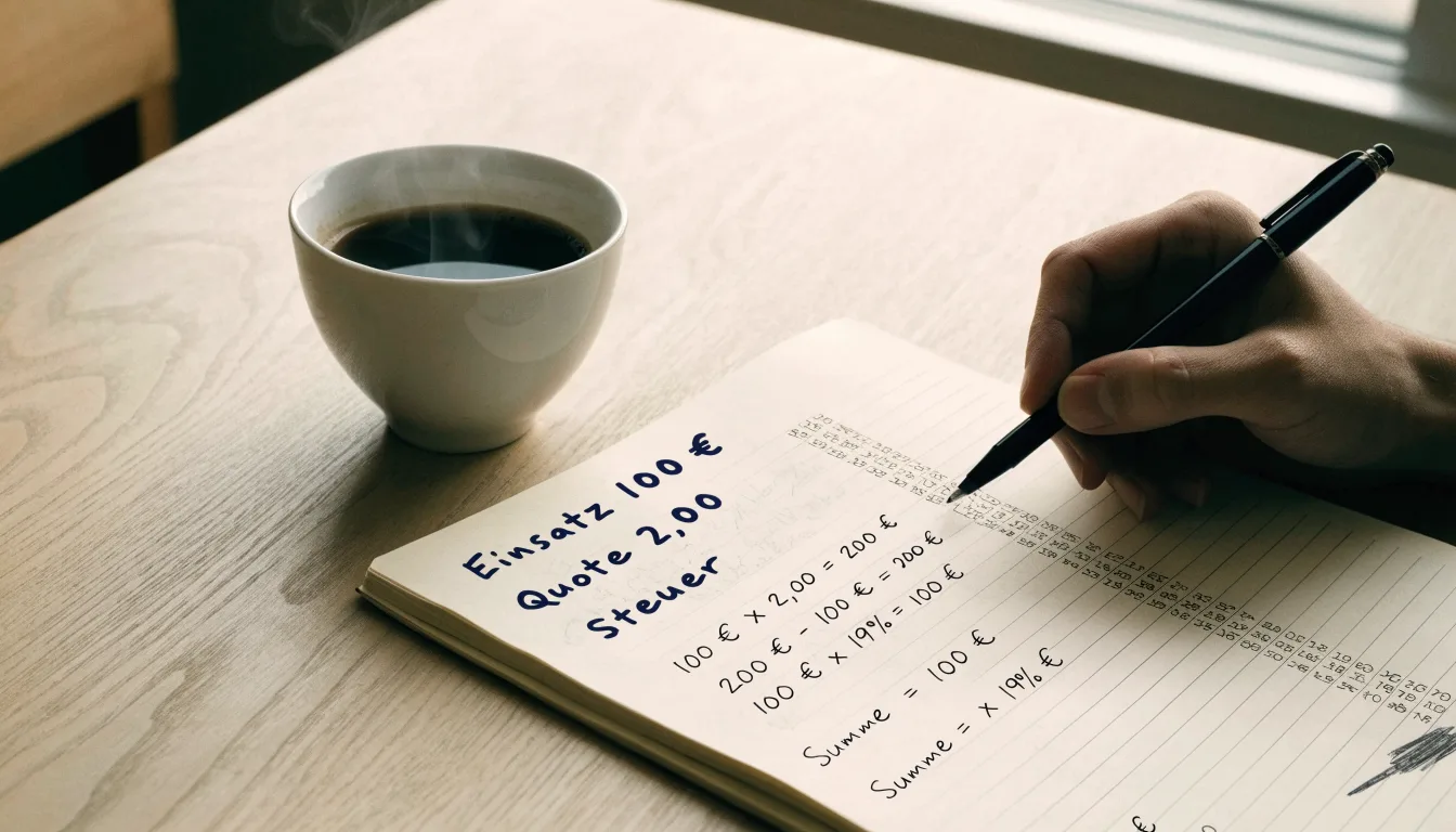 Ein Notizbuch mit handschriftlichen Rechnungen und ein Taschenrechner liegen auf einem hellen Schreibtisch neben einer Kaffeetasse.