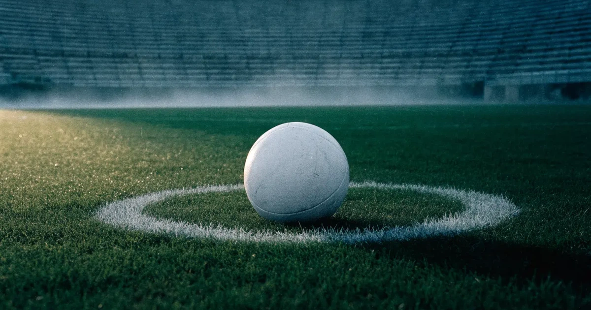 Ein Fußball liegt auf dem Anstoßpunkt eines Rasenplatzes, dahinter leere Tribünen im Licht des frühen Morgens.