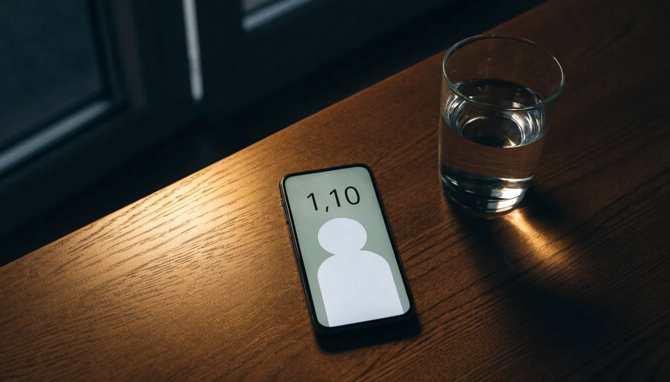 Ein Smartphone liegt mit dem Display nach unten auf einem Holztisch neben einem Glas Wasser, Abendlicht fällt durch ein Fenster.