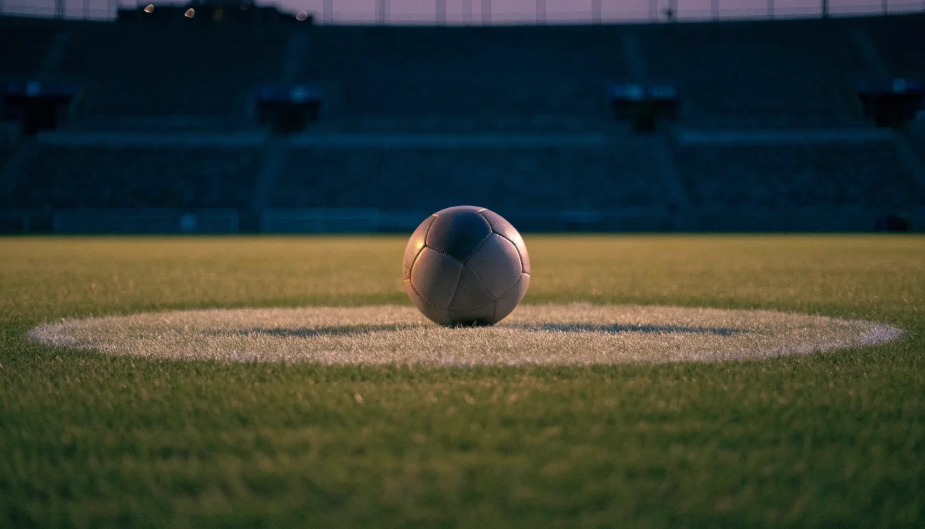 Ein Fußball liegt auf dem Anstoßpunkt eines leeren Rasenplatzes, dahinter ragen dunkle Ränge in den Abendhimmel.