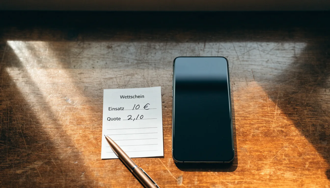 Ein Smartphone mit dunklem Display liegt neben einem leeren Papier-Wettschein und einem Stift auf einem Holztisch.