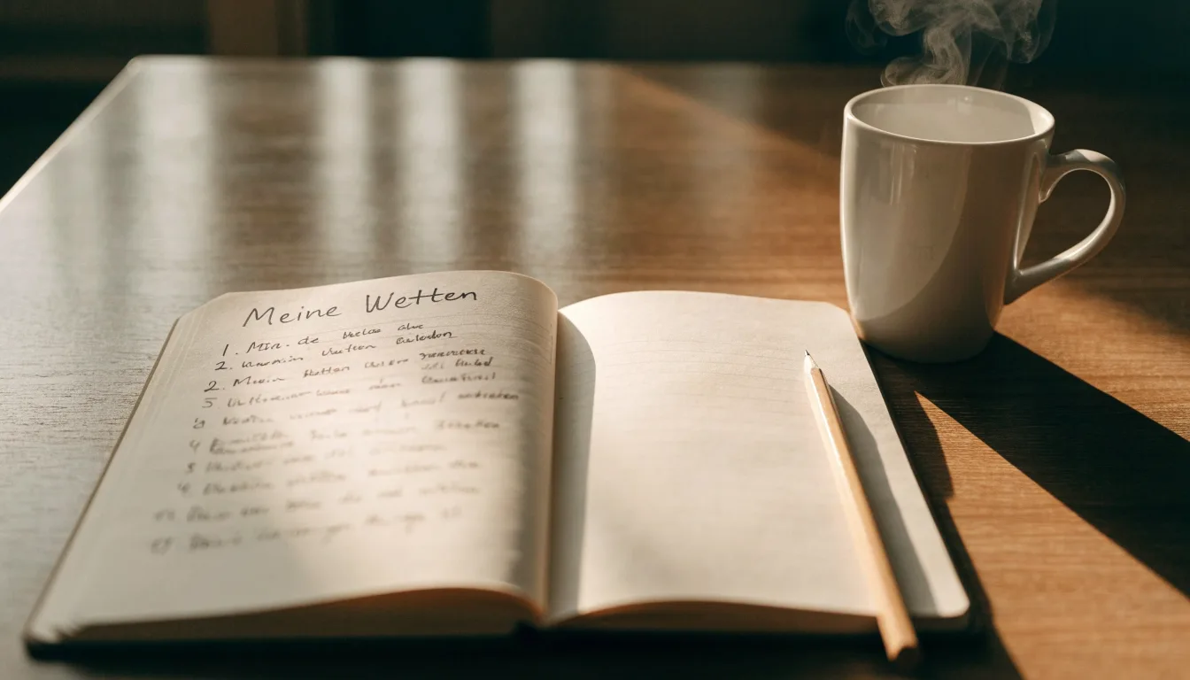 Ein Notizbuch mit handschriftlichen Notizen und einem Bleistift liegt auf einem Tisch, daneben steht eine Kaffeetasse im Morgenlicht.