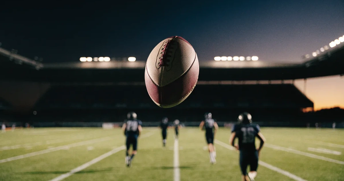 Ein American-Football-Ball liegt auf einem Rasenplatz unter Flutlicht, im Hintergrund eine große Tribüne in der Dämmerung.