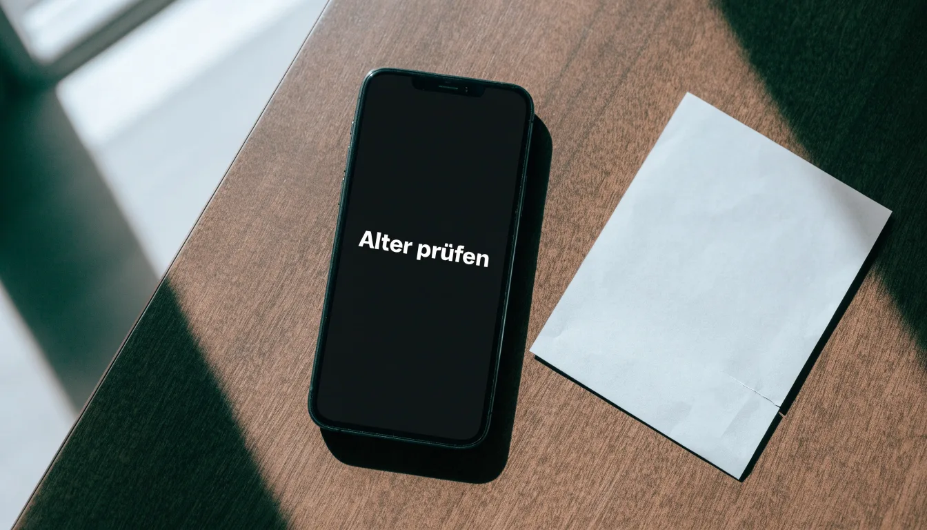 Ein Smartphone liegt mit dunklem Display auf einem Holztisch neben einem leeren Papier-Wettschein, Licht fällt von einem Fenster.