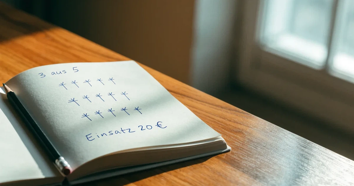 Ein Notizbuch mit handschriftlichen Notizen und einem Bleistift liegt neben einem Taschenrechner auf einem aufgeräumten Schreibtisch.