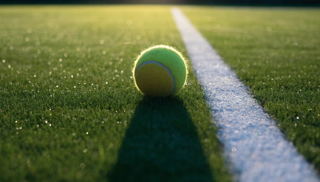 Ein Tennisball liegt auf frisch gemähtem Gras neben einer weißen Linie, Tautropfen glänzen im Gegenlicht.