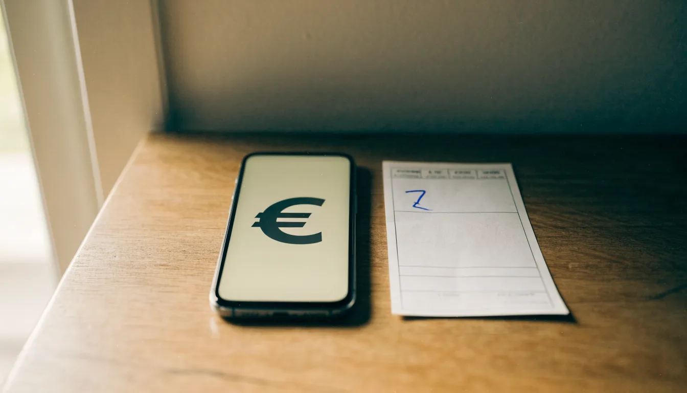 Ein Smartphone mit dunklem Display liegt neben einem leeren Papier-Wettschein auf einem Tisch am Fenster.