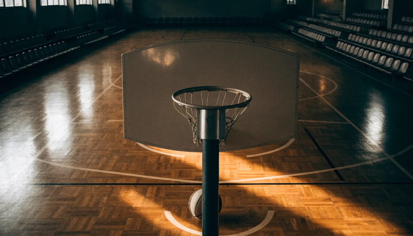 Ein Basketballkorb in einer leeren Halle, der Ball liegt unter dem Brett auf dem Parkett.