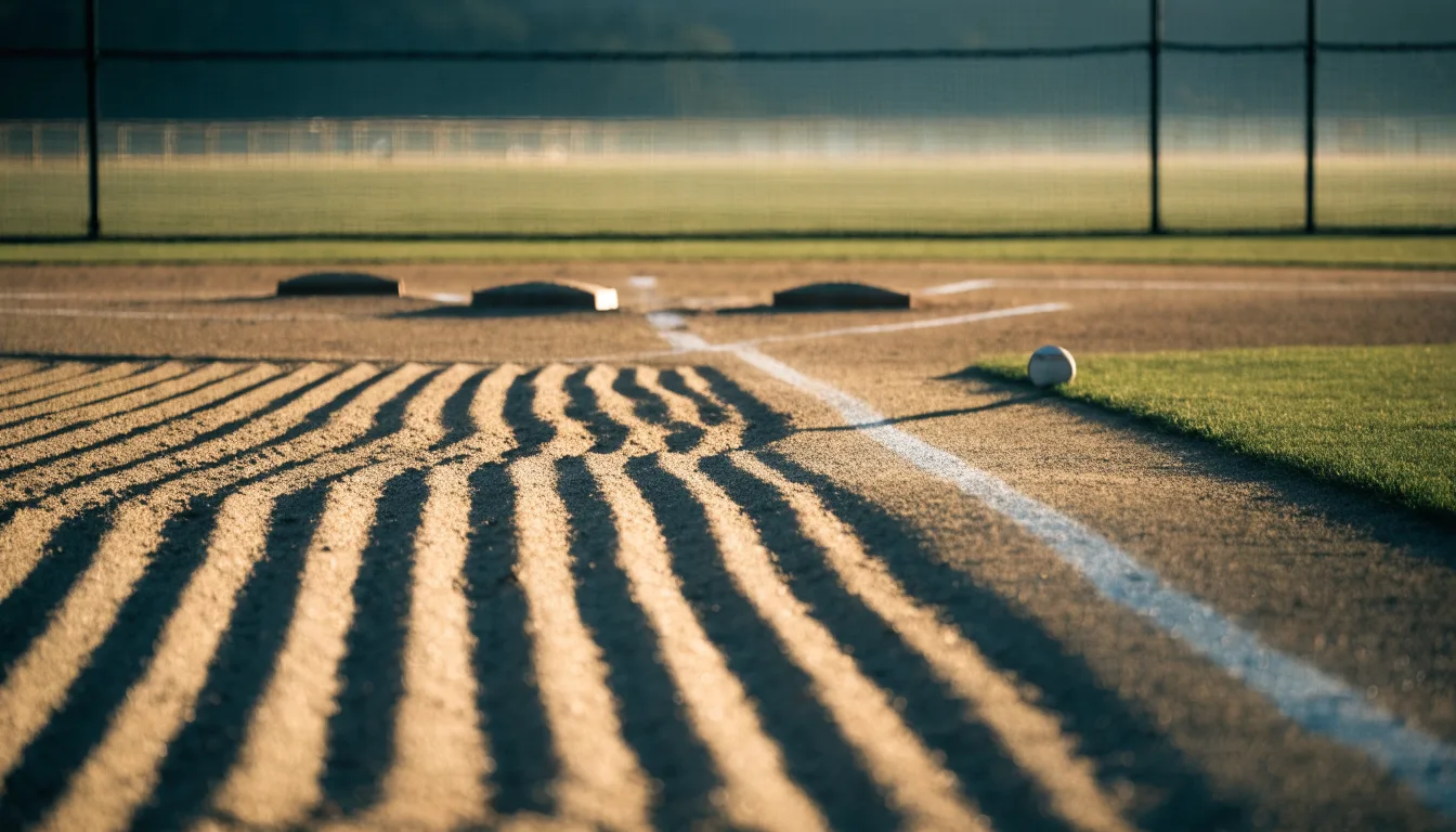 Ein Baseballfeld mit leerem Infield im Morgenlicht, die Linien frisch gezogen, keine Spieler im Bild.