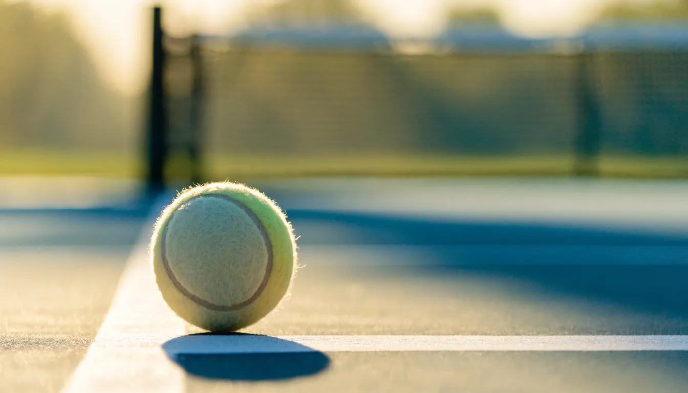 Ein Tennisball liegt in Nahaufnahme auf einer Grundlinie, dahinter verschwimmt ein leerer Platz in warmem Licht.