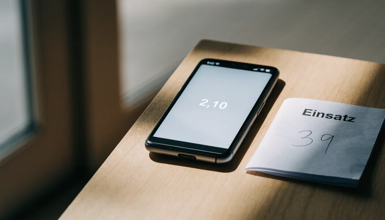 Ein Smartphone mit dunklem Display liegt neben einem leeren Papier-Wettschein auf einem Tisch, Licht fällt von der Seite.