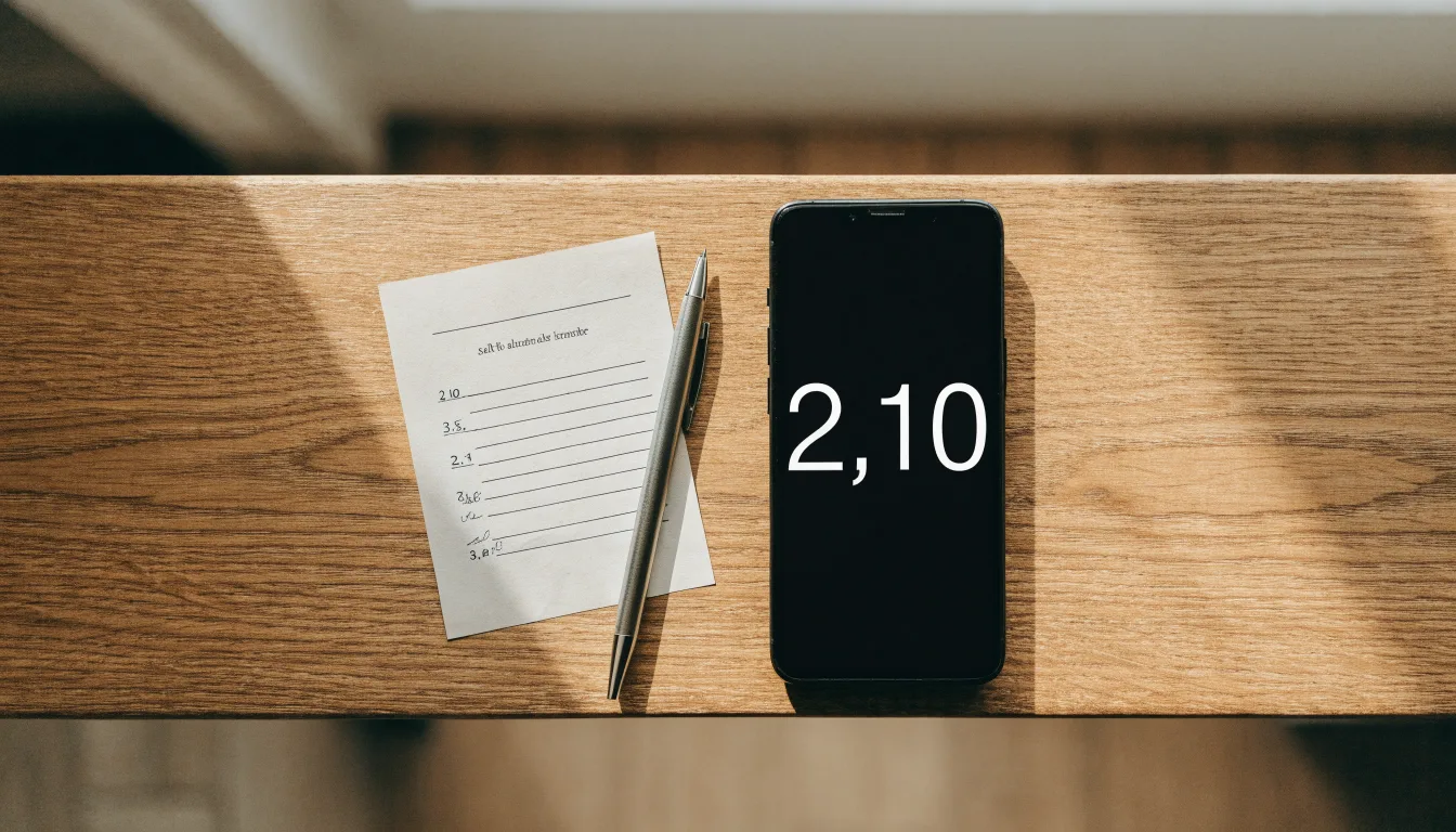 Ein Smartphone liegt mit dunklem Display neben einem leeren Papier-Wettschein und einem Stift auf einem Holztisch.