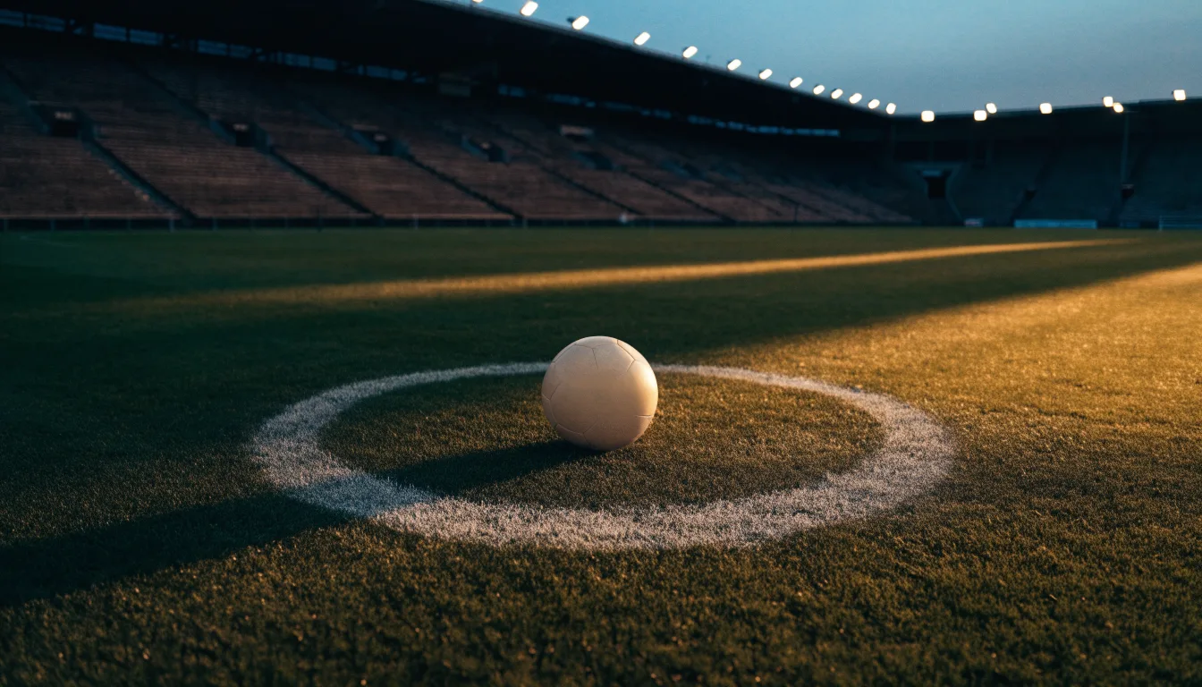Ein Fußball liegt auf dem Anstoßpunkt eines Rasenplatzes, dahinter eine leere Tribüne im Abendlicht.