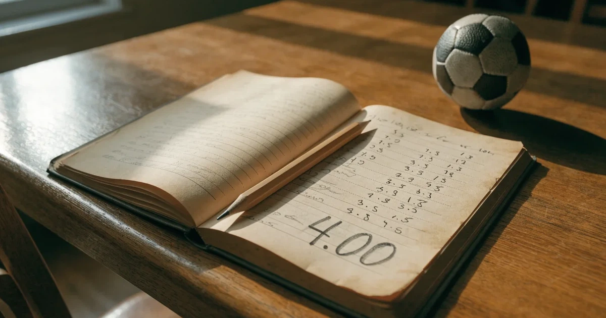 Ein Notizbuch mit handschriftlichen Notizen und einem Bleistift liegt auf einem Holztisch, daneben ein kleiner Fußball im Tageslicht.