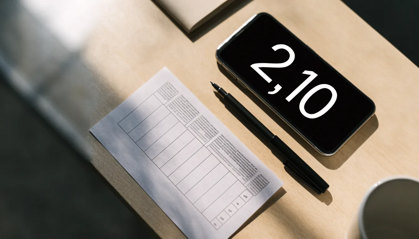 Ein leerer Papier-Wettschein und ein Kugelschreiber liegen neben einem Smartphone mit dunklem Display auf einem Schreibtisch am Fenster.