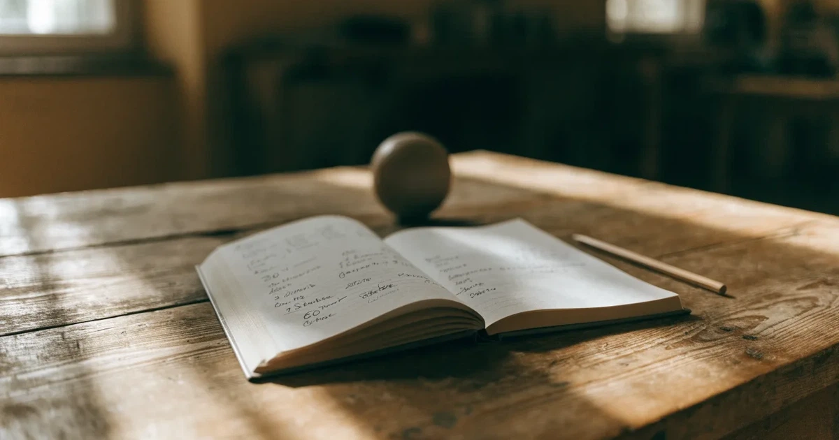 Ein Notizbuch mit handschriftlichen Notizen und einem Bleistift liegt auf einem Holztisch, daneben ein kleiner Fußball im Tageslicht.