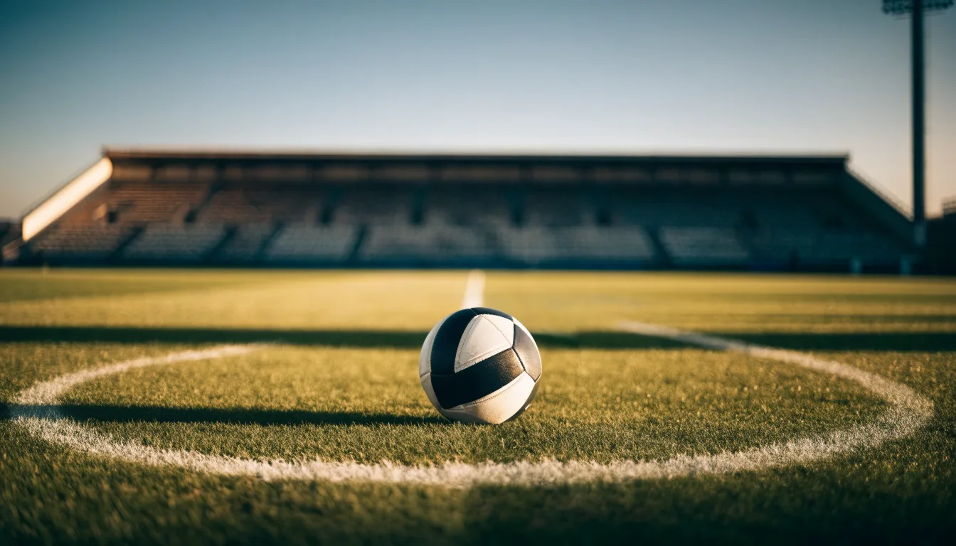 Ein Fußball liegt auf dem Anstoßpunkt eines Rasenplatzes, dahinter eine leere Tribüne im Abendlicht.