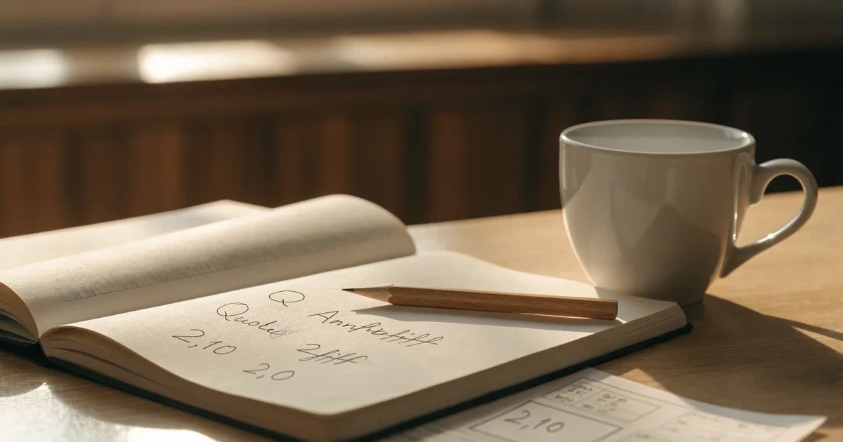 Eine Kaffeetasse, ein Notizbuch mit handschriftlichen Notizen und ein Bleistift auf einem hellen Schreibtisch am Morgen.
