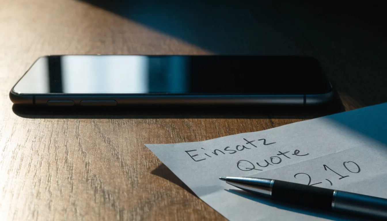 Ein Smartphone mit dunklem Display liegt neben einem leeren Papier-Wettschein auf einem Holztisch, Licht fällt von der Seite.