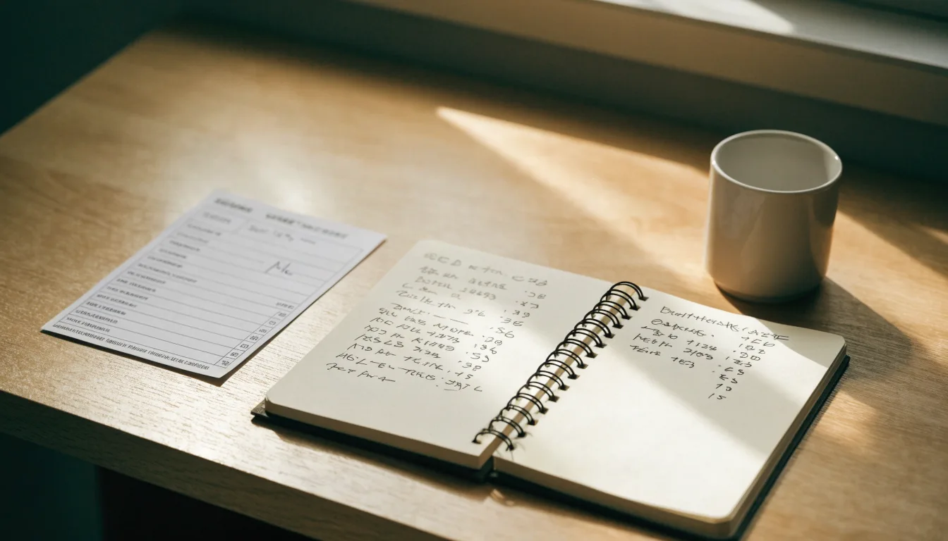 Ein Notizbuch mit handschriftlichen Notizen und ein Taschenrechner stehen auf einem Schreibtisch, daneben eine Tasse.