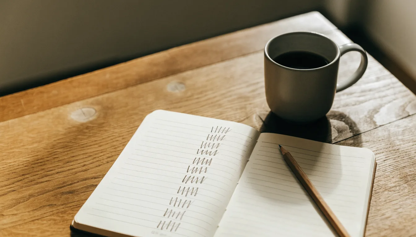 Ein Notizbuch mit handgeschriebenen Strichlisten liegt neben einem Bleistift und einer Kaffeetasse auf einem Holztisch.