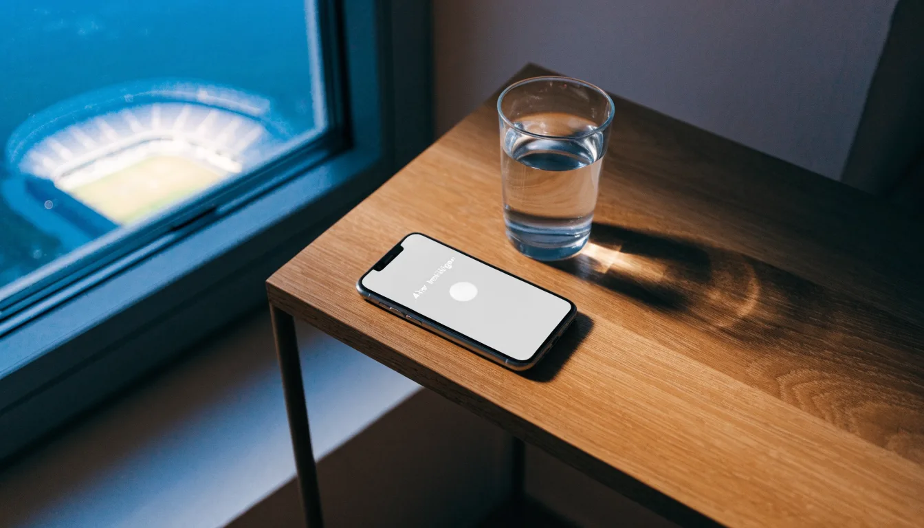 Ein Smartphone mit dunklem Display liegt auf einem Schreibtisch neben einem Glas Wasser, im Fenster dahinter ein Stadion im Dämmerlicht.