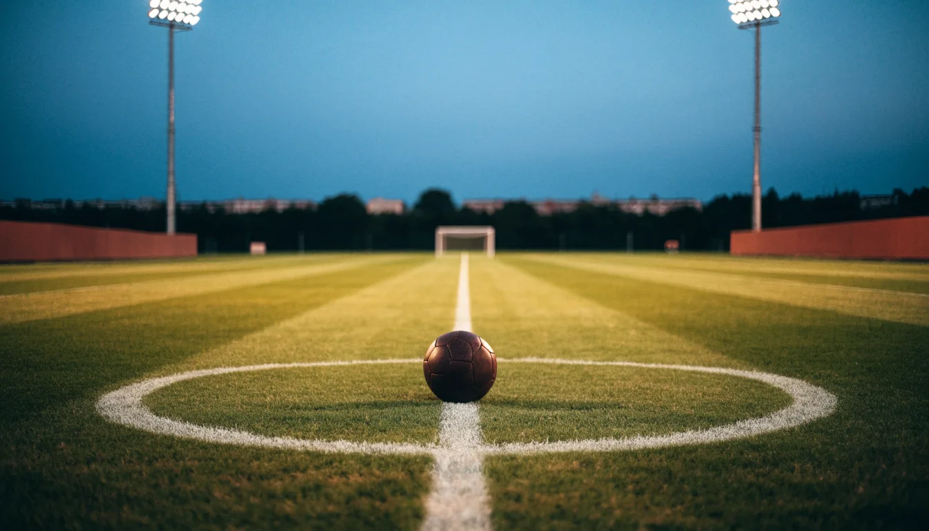 Ein Fußball liegt auf dem Mittelkreis eines leeren Rasenplatzes unter Flutlicht am frühen Abend, die Tribünen sind nur schemenhaft zu erkennen.