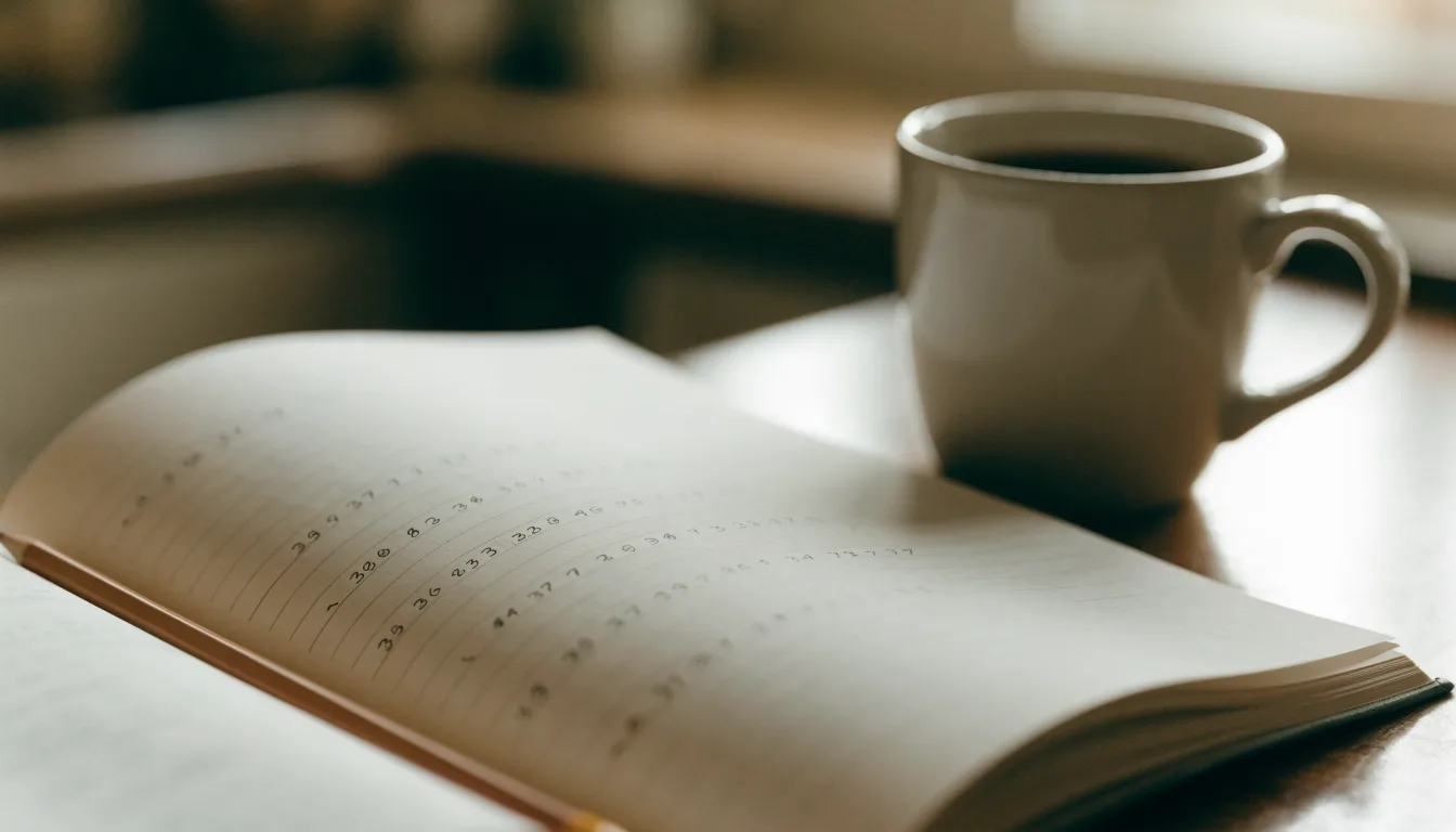 Ein Notizbuch mit handschriftlichen Zahlenreihen und ein Bleistift liegen auf einem Küchentisch neben einer Tasse.