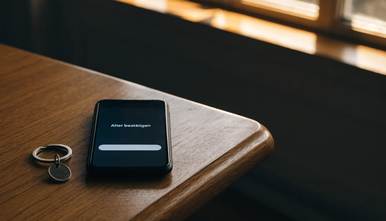 Ein Smartphone mit dunklem Display liegt auf einem Holztisch, daneben ein Schlüsselbund, im Hintergrund ein Fenster mit Abendlicht.