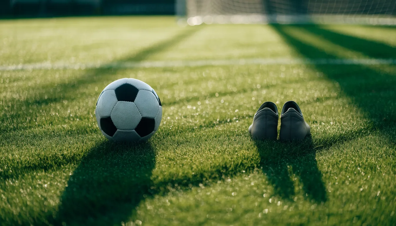 Ein Fußball auf frisch gemähtem Rasen im Morgenlicht, daneben ein Paar Fußballschuhe ohne erkennbare Marke.