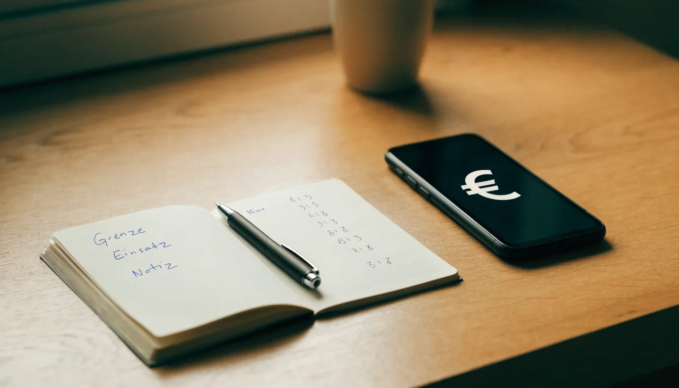 Ein Notizbuch mit handgeschriebenen Zahlen und ein Kugelschreiber liegen auf einem Tisch, daneben ein Smartphone mit schwarzem Bildschirm.