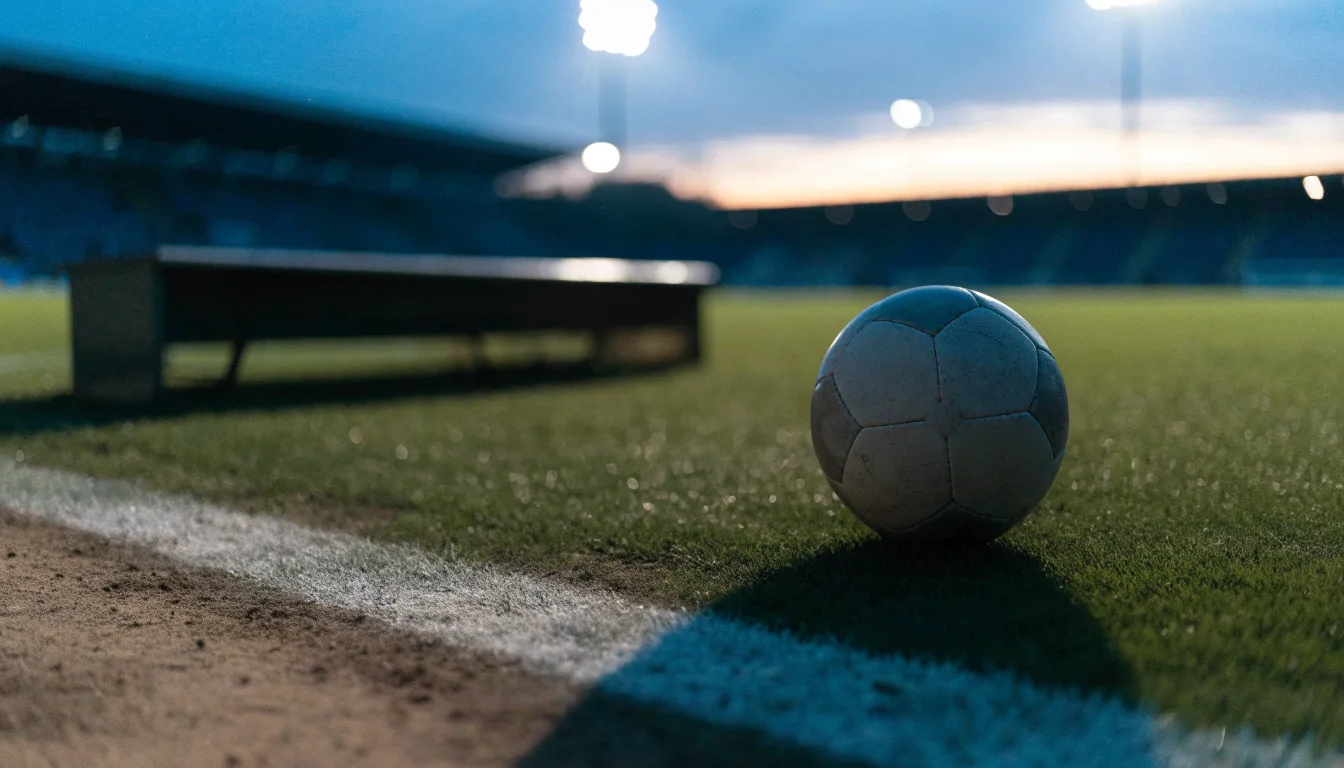 Ein Fußball liegt am Spielfeldrand neben einer leeren Ersatzbank, das Flutlicht über dem Platz leuchtet in der Dämmerung.
