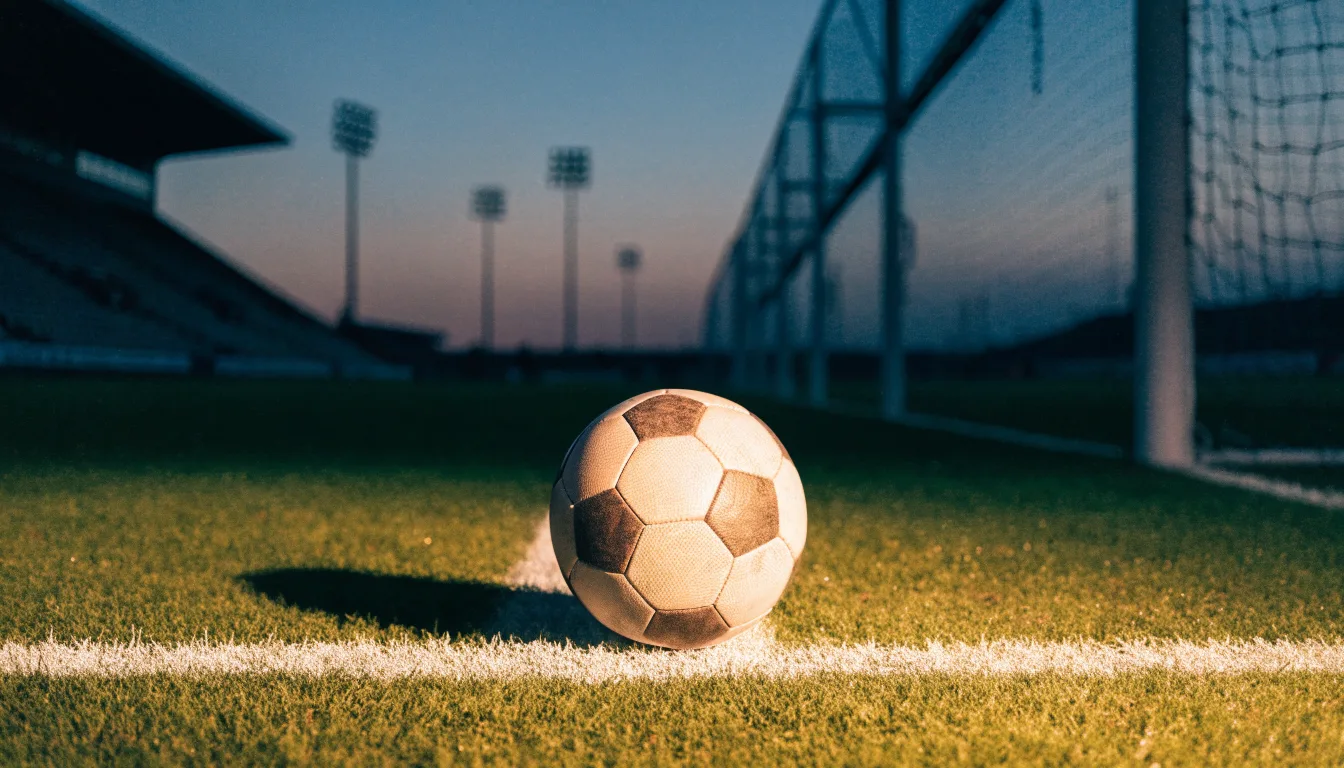 Ein Fußball liegt auf dem Anstoßpunkt eines Rasenplatzes in der Abenddämmerung, Flutlichtmasten stehen unscharf im Hintergrund.