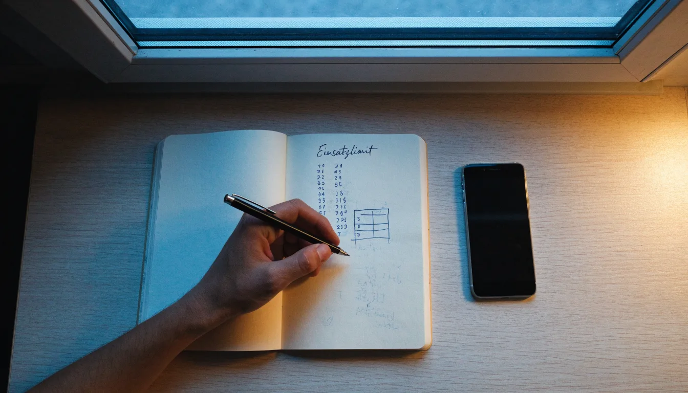 Ein Notizbuch mit handschriftlichen Zahlen liegt neben einem Smartphone mit dunklem Display auf einem Tisch, im Fenster Dämmerlicht.